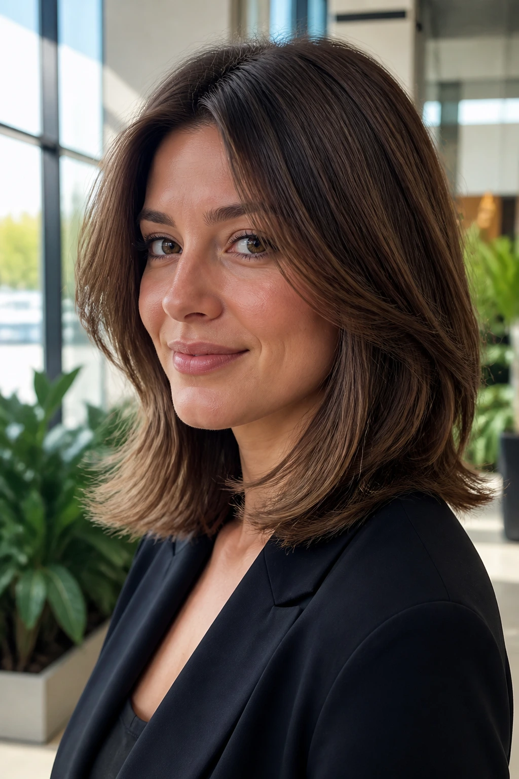 Close-up of a real woman with shoulder-grazing hair and internal layers.