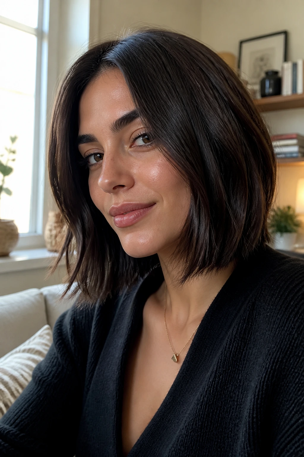 Close-up of shoulder-length Italian bob on a real person with gentle movement