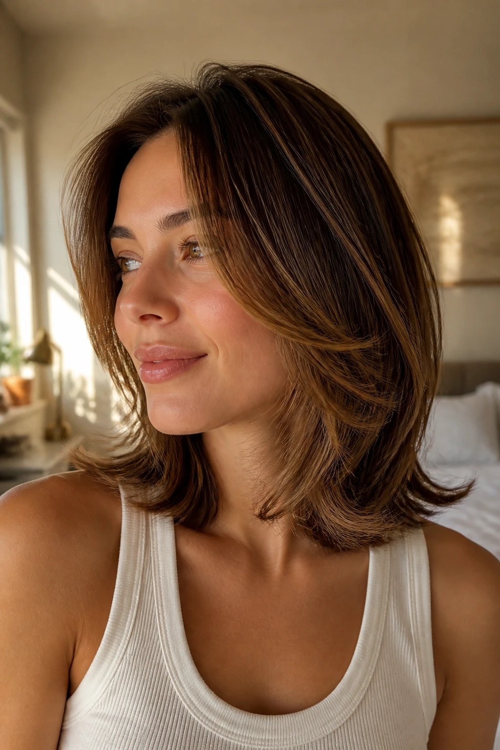 Close-up portrait of a real woman showing shoulder-length hair with shoulder-grazing layers and ends flicked outward, warm window light