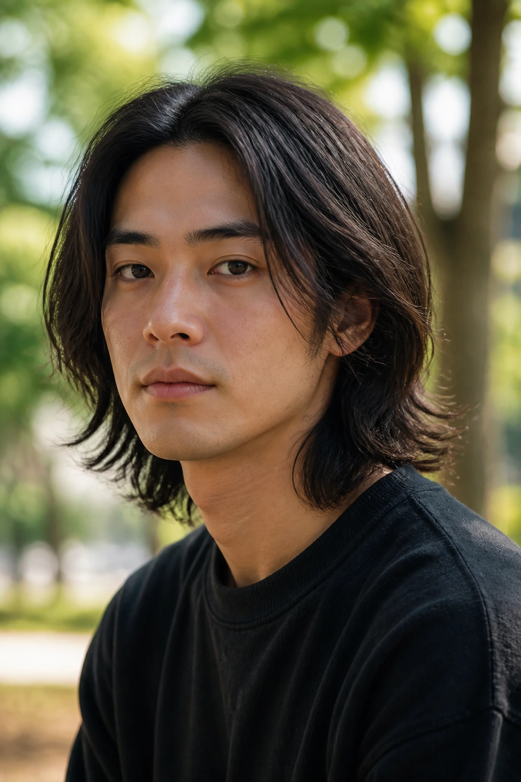 Close-up portrait of a real Asian man with shoulder-grazing layered hair at shoulder length