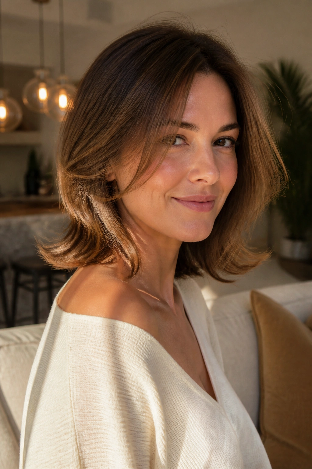 Close-up portrait of a woman with shoulder-length layers and flipped ends