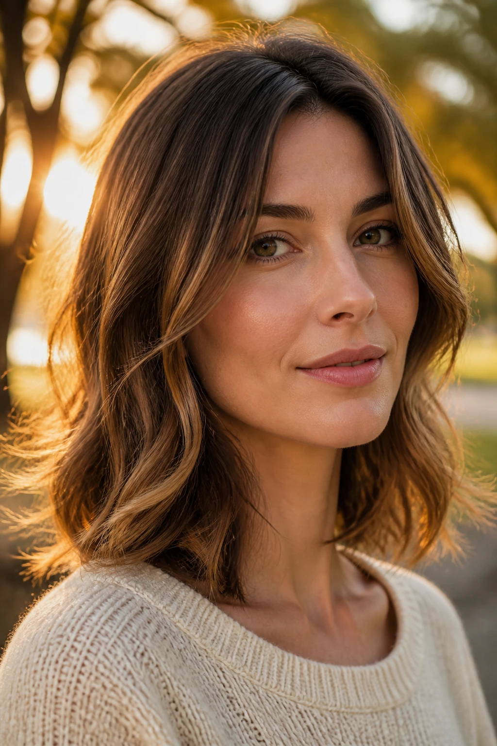 Close-up portrait of a real woman with shoulder-grazing layered hair in a park at golden hour