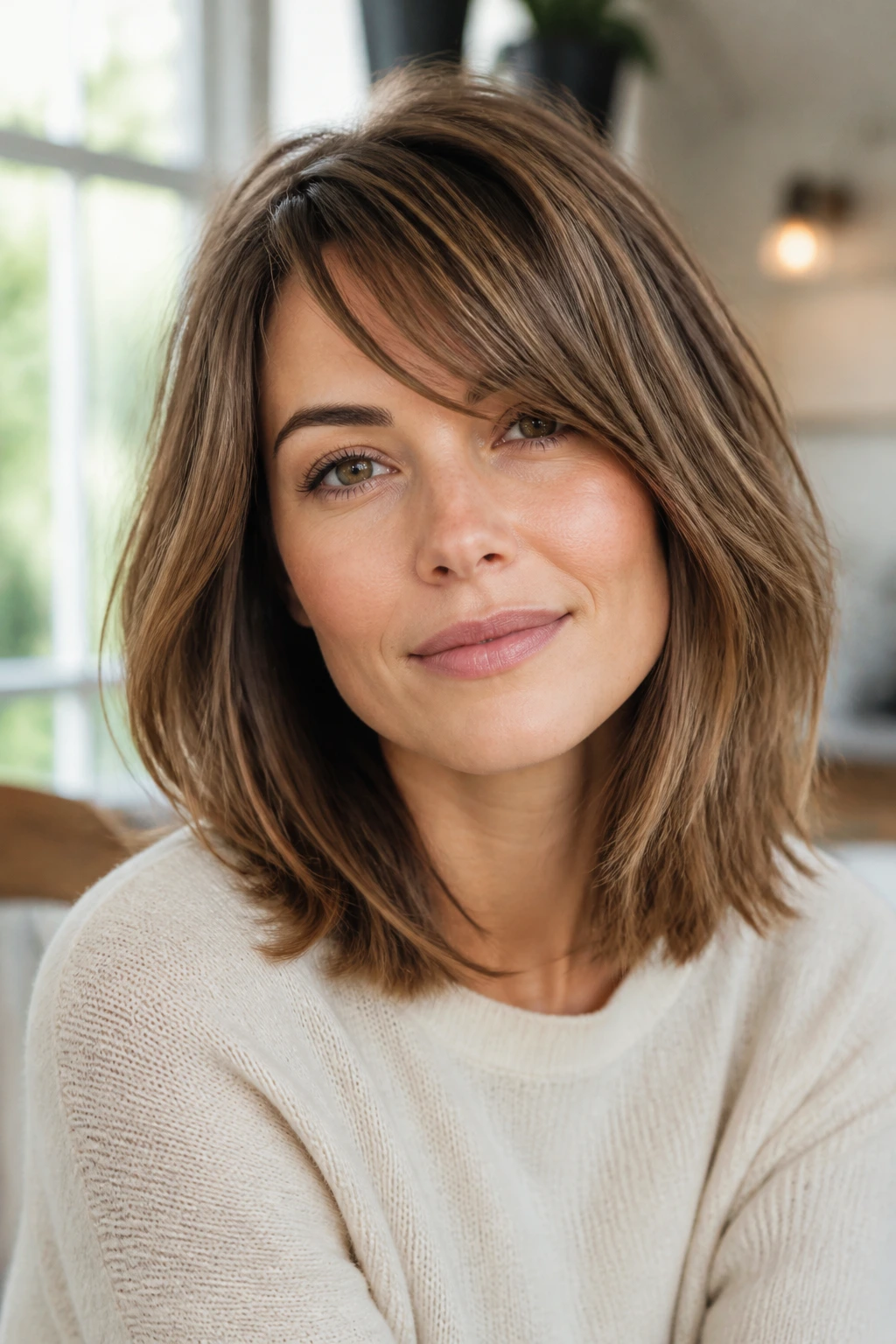 Close-up portrait of a real woman with shoulder-grazing layers and a soft side fringe.