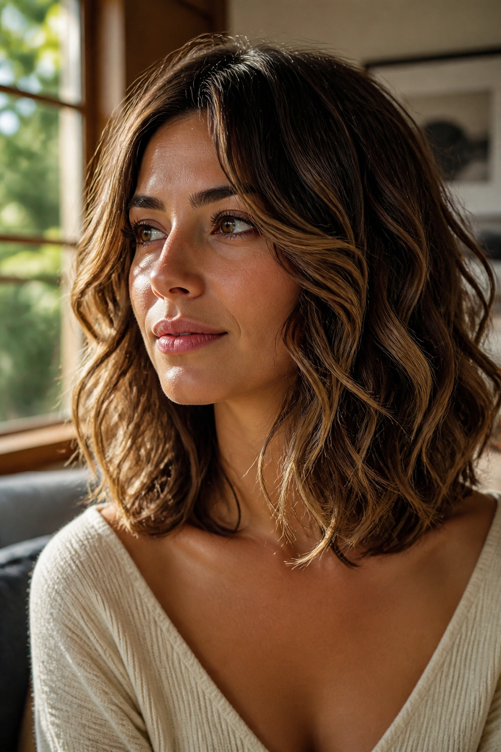 Close-up of a real woman with shoulder-grazing layered wavy hair in natural window light
