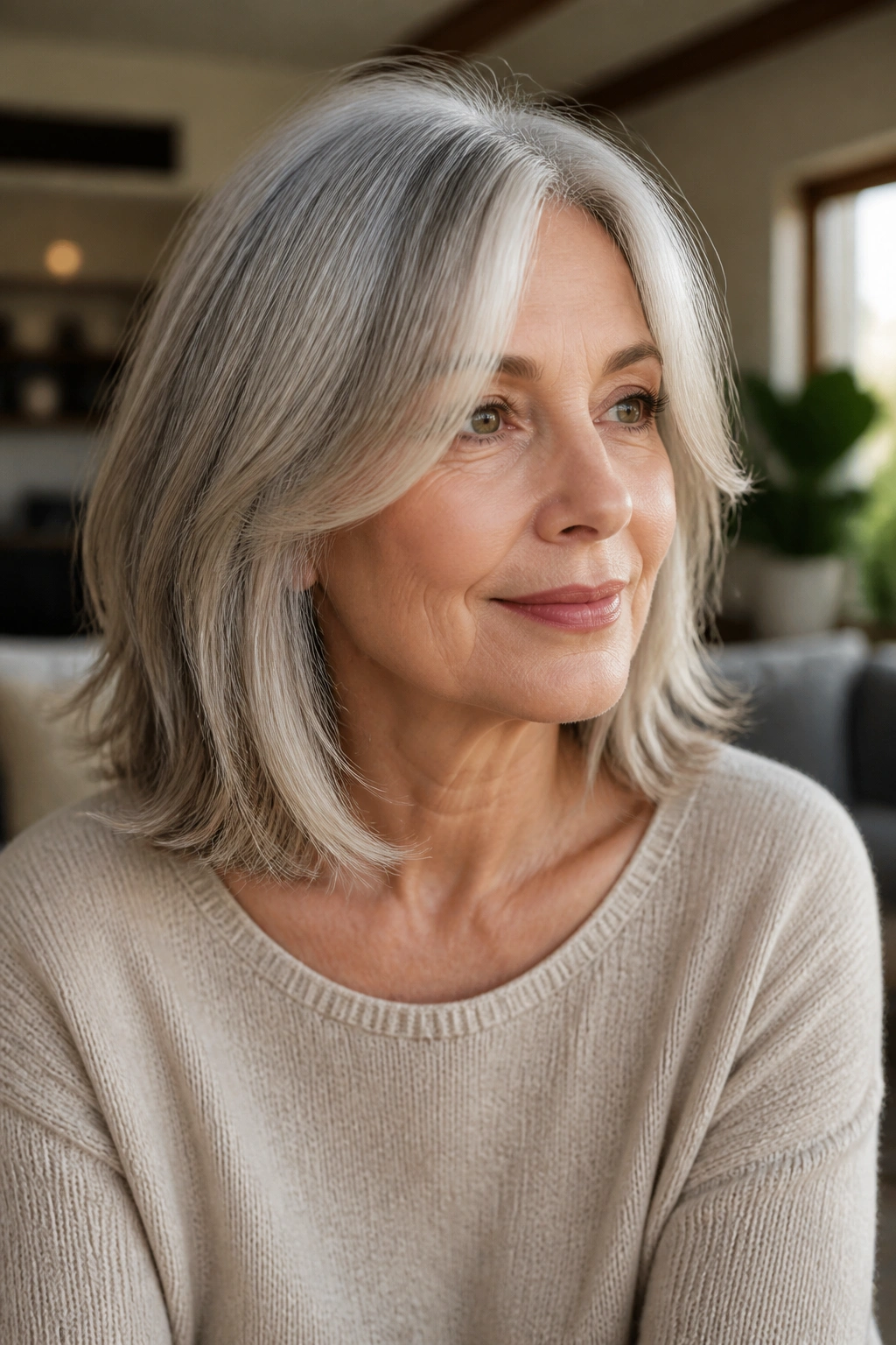 Close-up of an older woman with shoulder-grazing lob and face-framing pieces in warm light