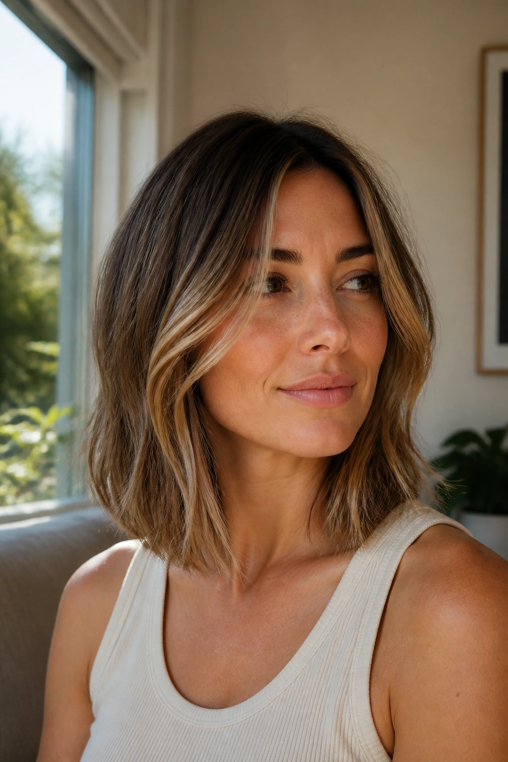 Close-up of a real woman with shoulder-grazing lob and face-framing pieces in warm window light