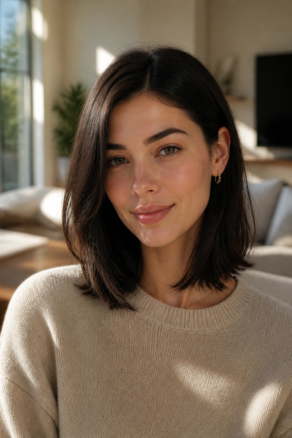 Side portrait showing a shoulder-grazing lob with invisible layers and sleek outline.