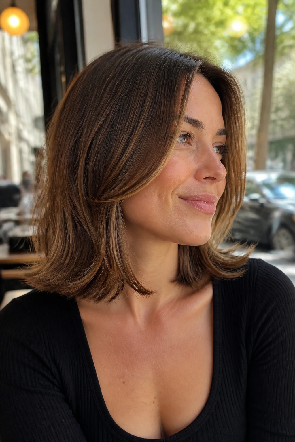 Close-up of a real woman with a shoulder-grazing lob and soft flip.
