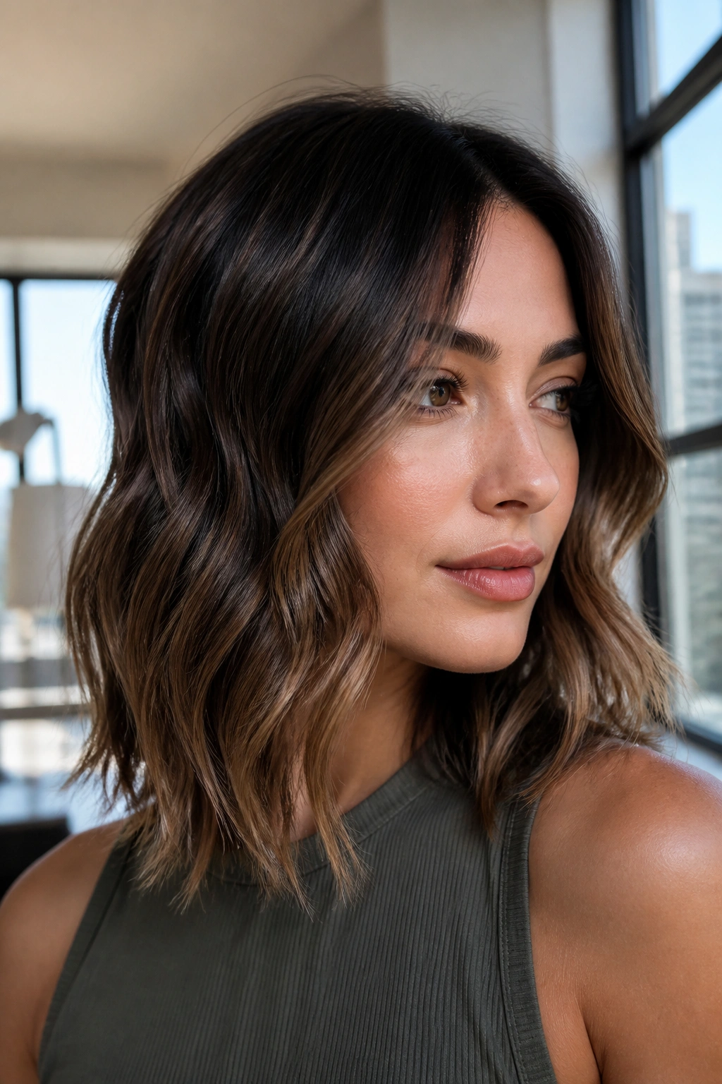 Close-up of a real woman with shoulder-grazing lob waves