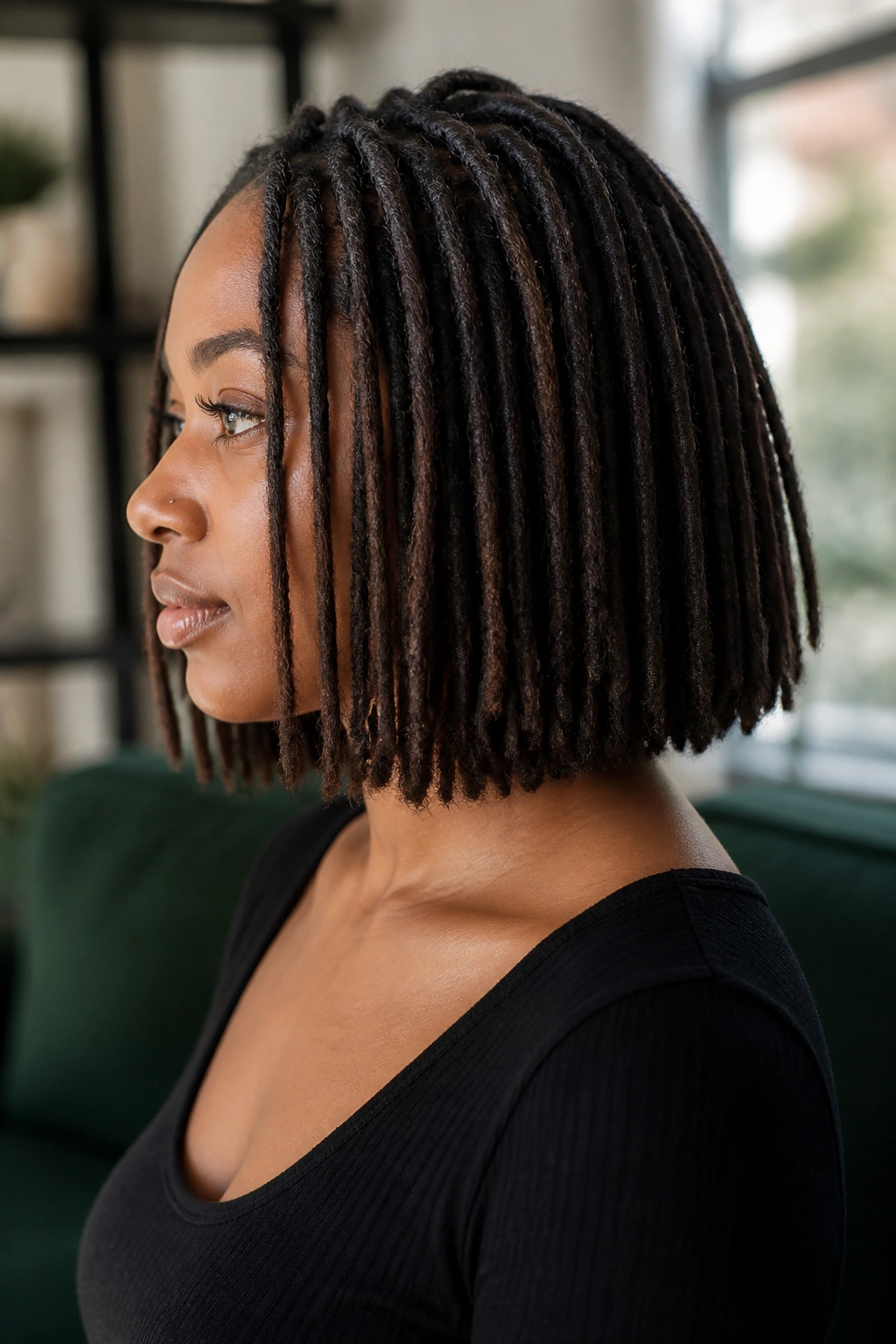 Close-up of a real person with shoulder-grazing loc bob and hidden length