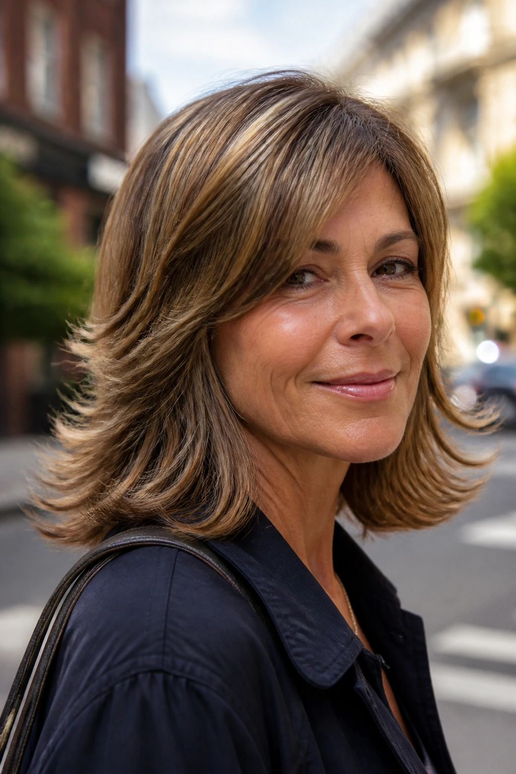 Close-up portrait of a real woman with shoulder-grazing shag and flipped ends outdoors