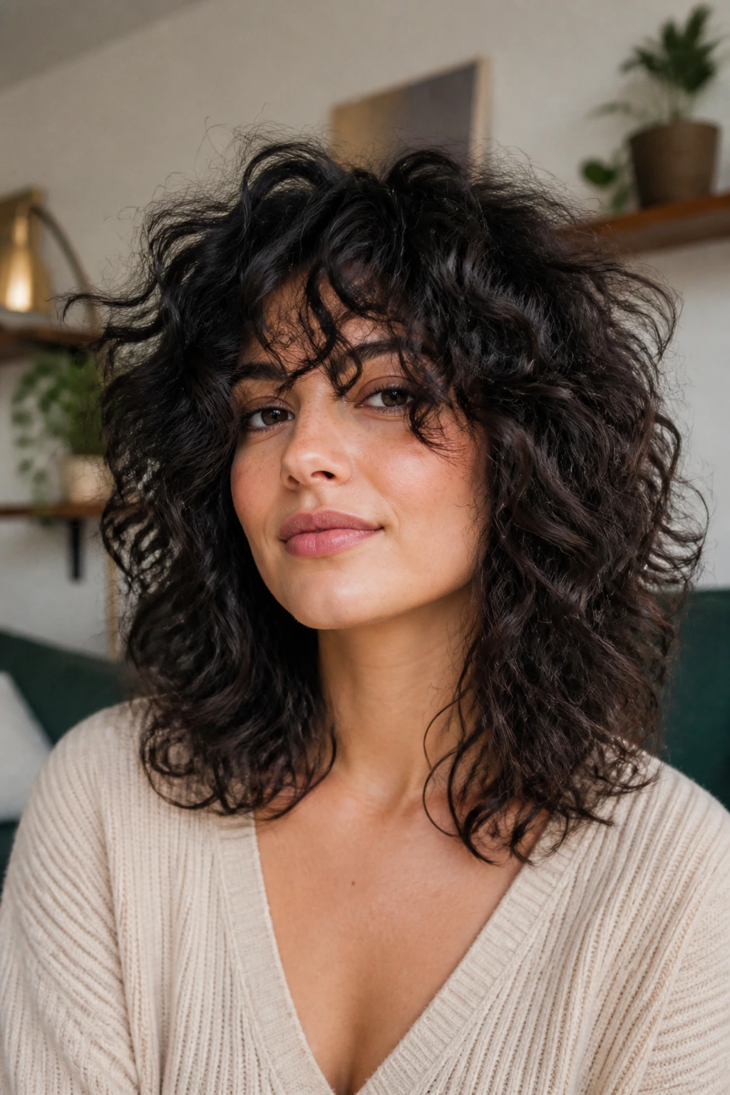 Close-up of a real person with shoulder-grazing shag on thick curls in a cozy living room