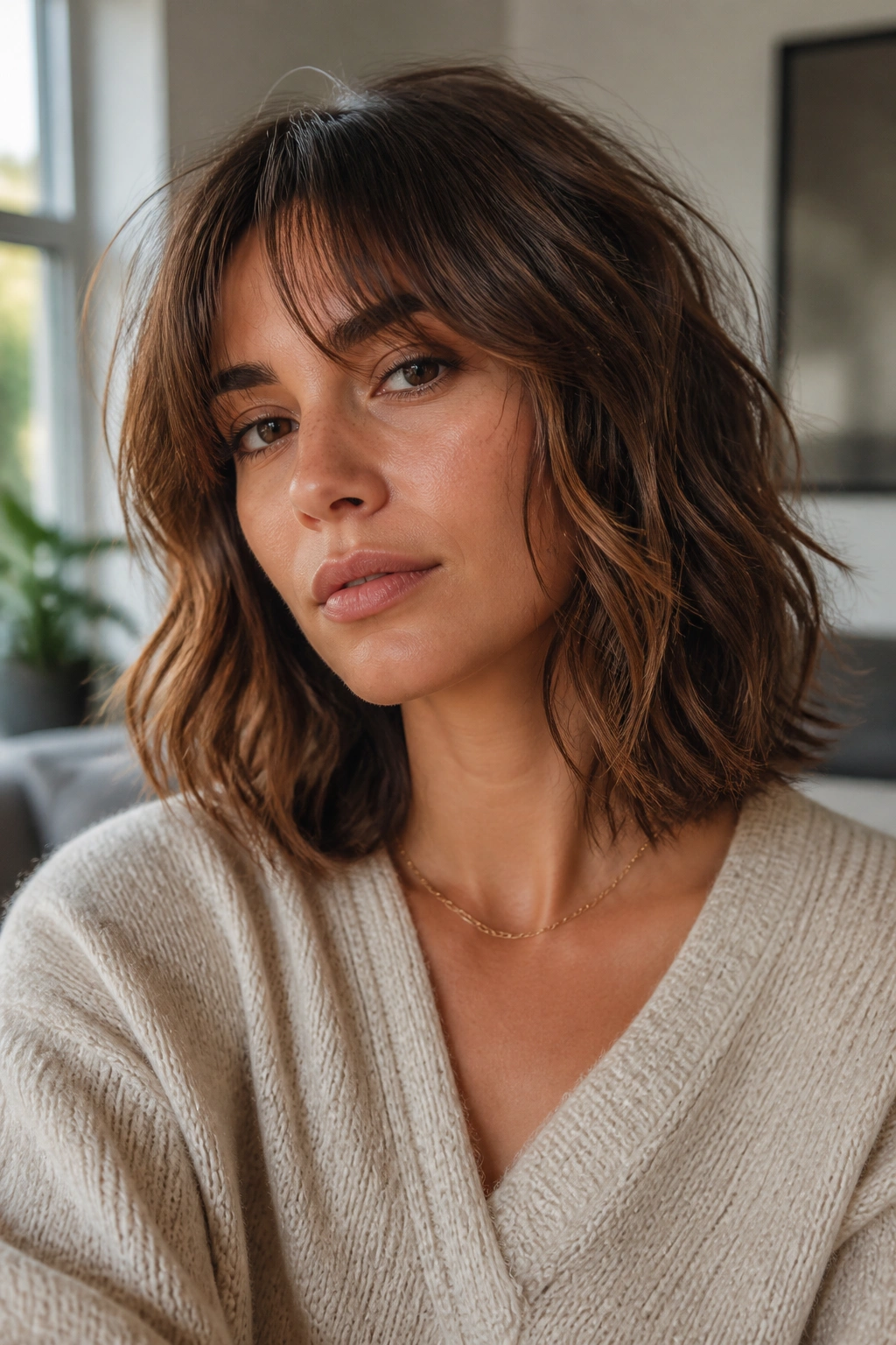 Close-up of a real woman with shoulder-grazing shag waves and layered texture in natural daylight.