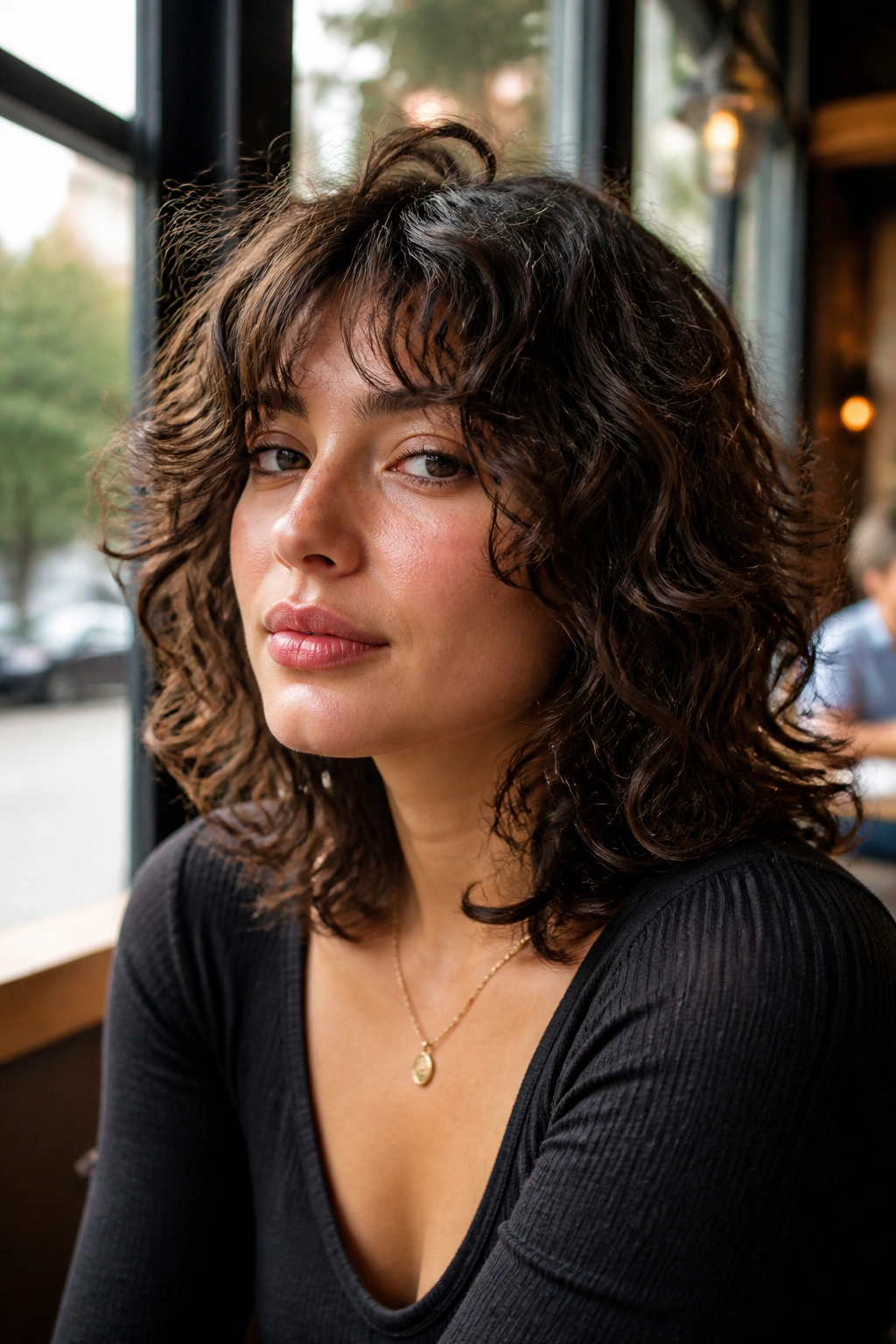Real person with shoulder-grazing curly wolf cut and flipped ends in cafe light