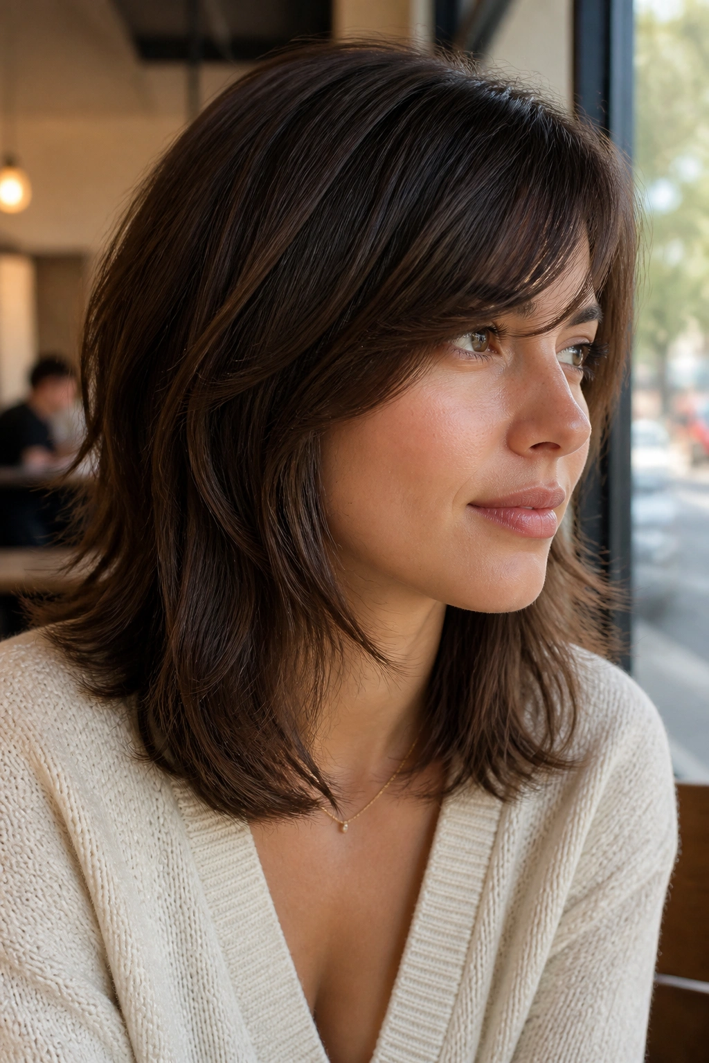 Real woman with shoulder-grazing wolf cut and side-swept bangs in cafe light.