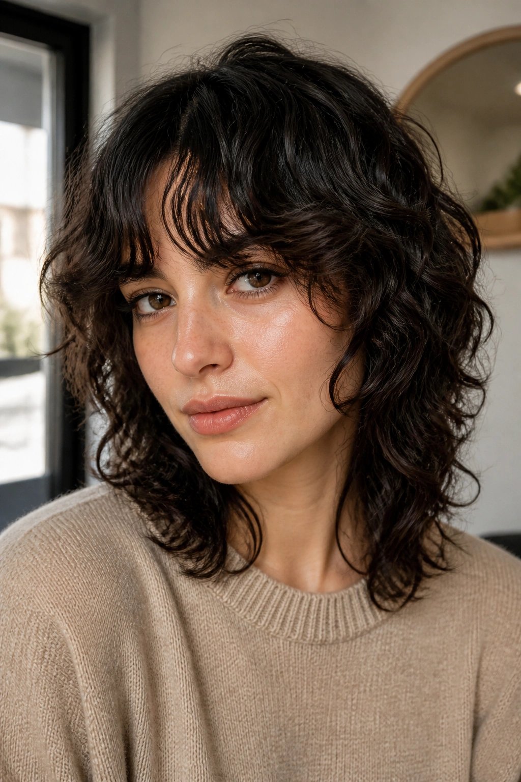 Portrait of shoulder-grazing wolf cut with bottleneck bangs on a real person