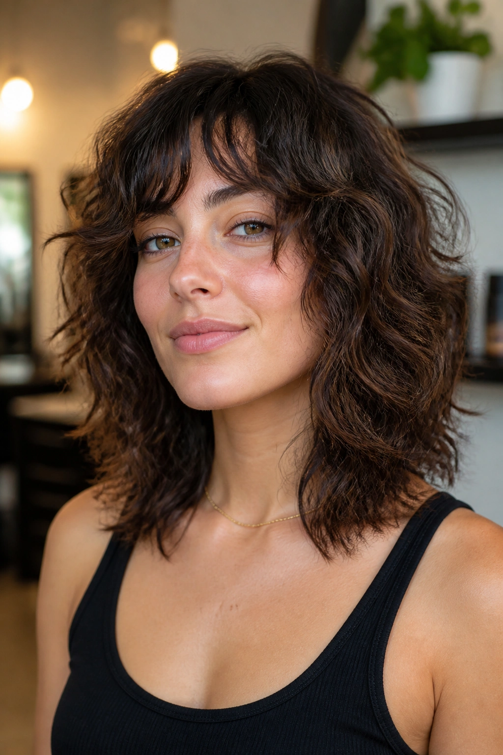 Close-up portrait of a real person with shoulder-grazing wolf cut and tapered ends