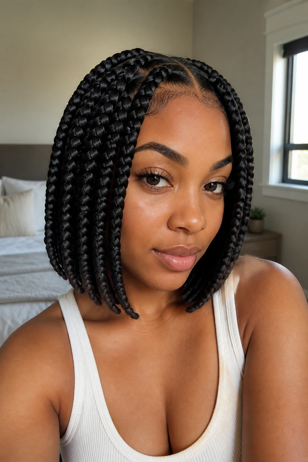 Close-up of a person with a shoulder-length jumbo box braid bob under warm window light