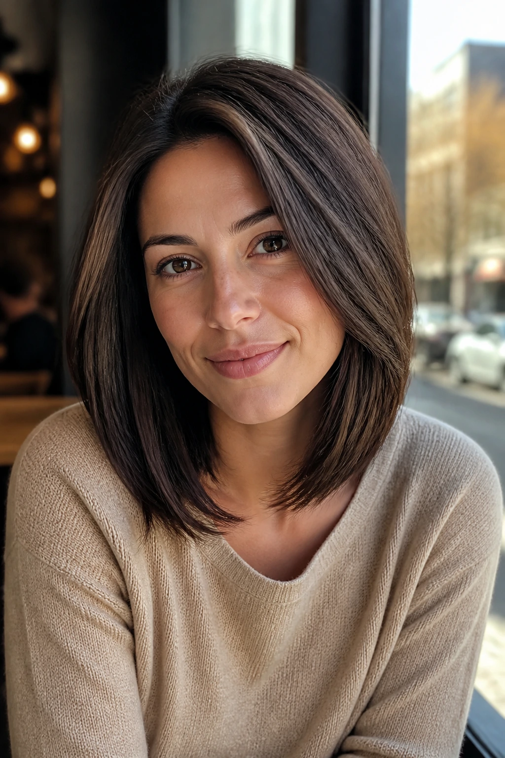 Close-up portrait of a real woman with a subtle A-line shoulder-length cut