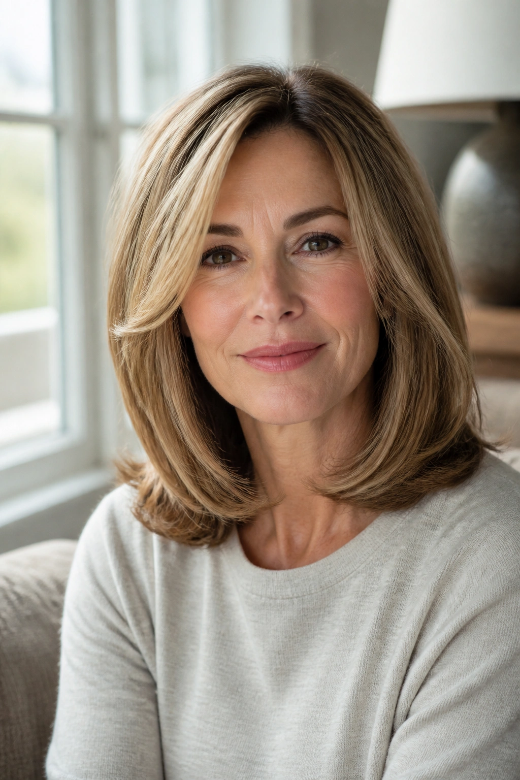 Close-up of a woman with a shoulder-length blowout and rounded volume