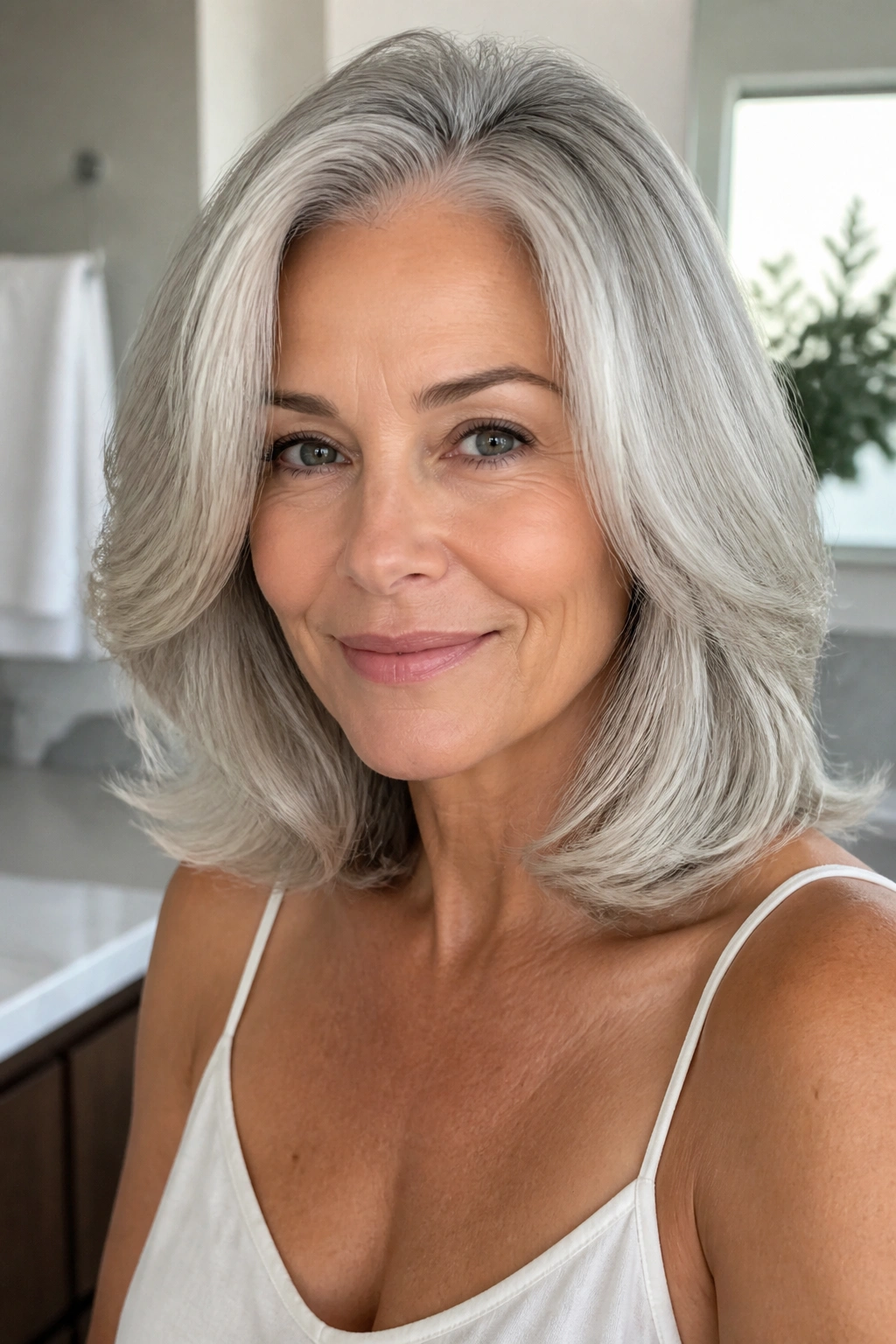 Close-up of a mature woman with shoulder-length blowout layers