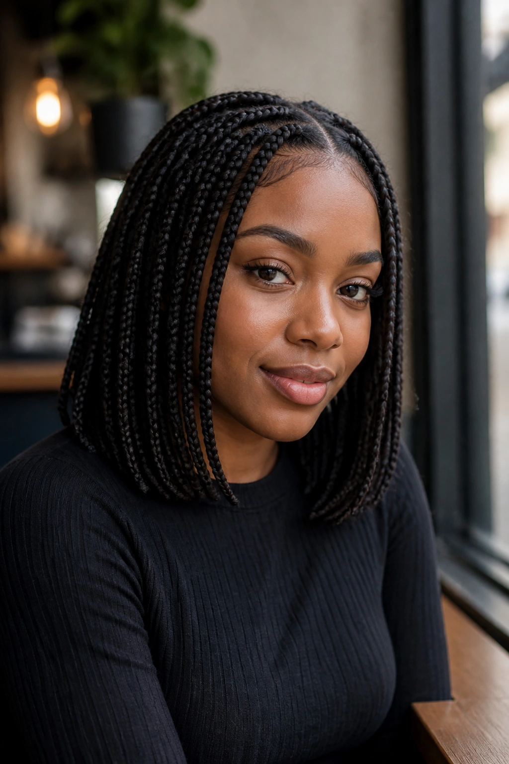 Shoulder-length medium box braids on real woman in a cafe.