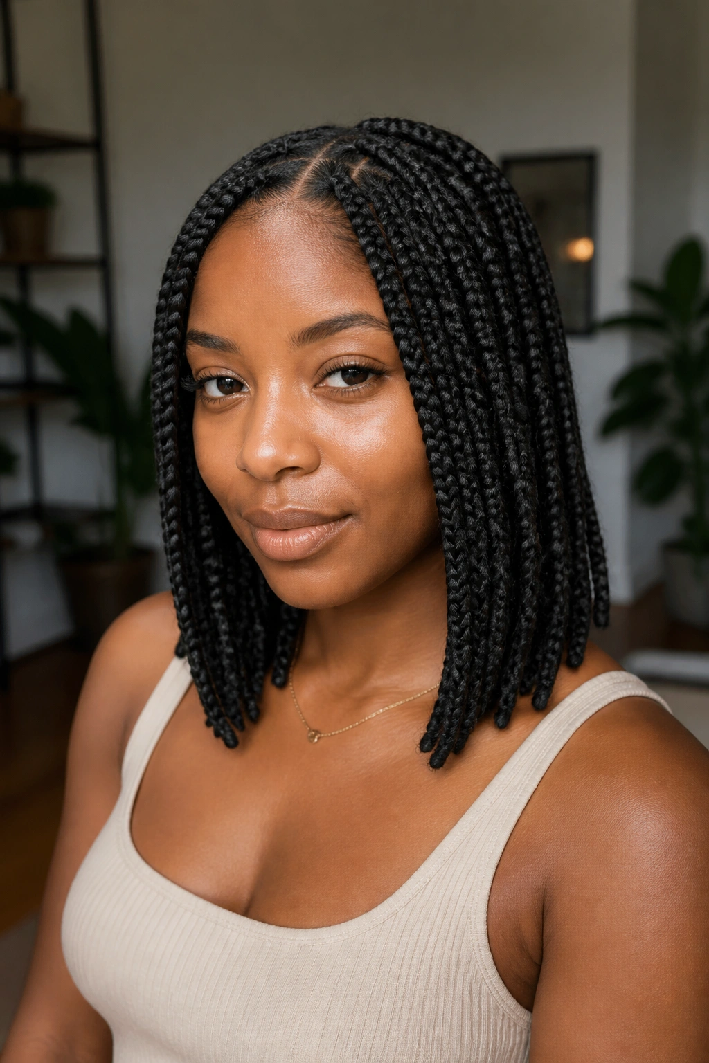 Close-up portrait of a real person with shoulder-grazing box braids