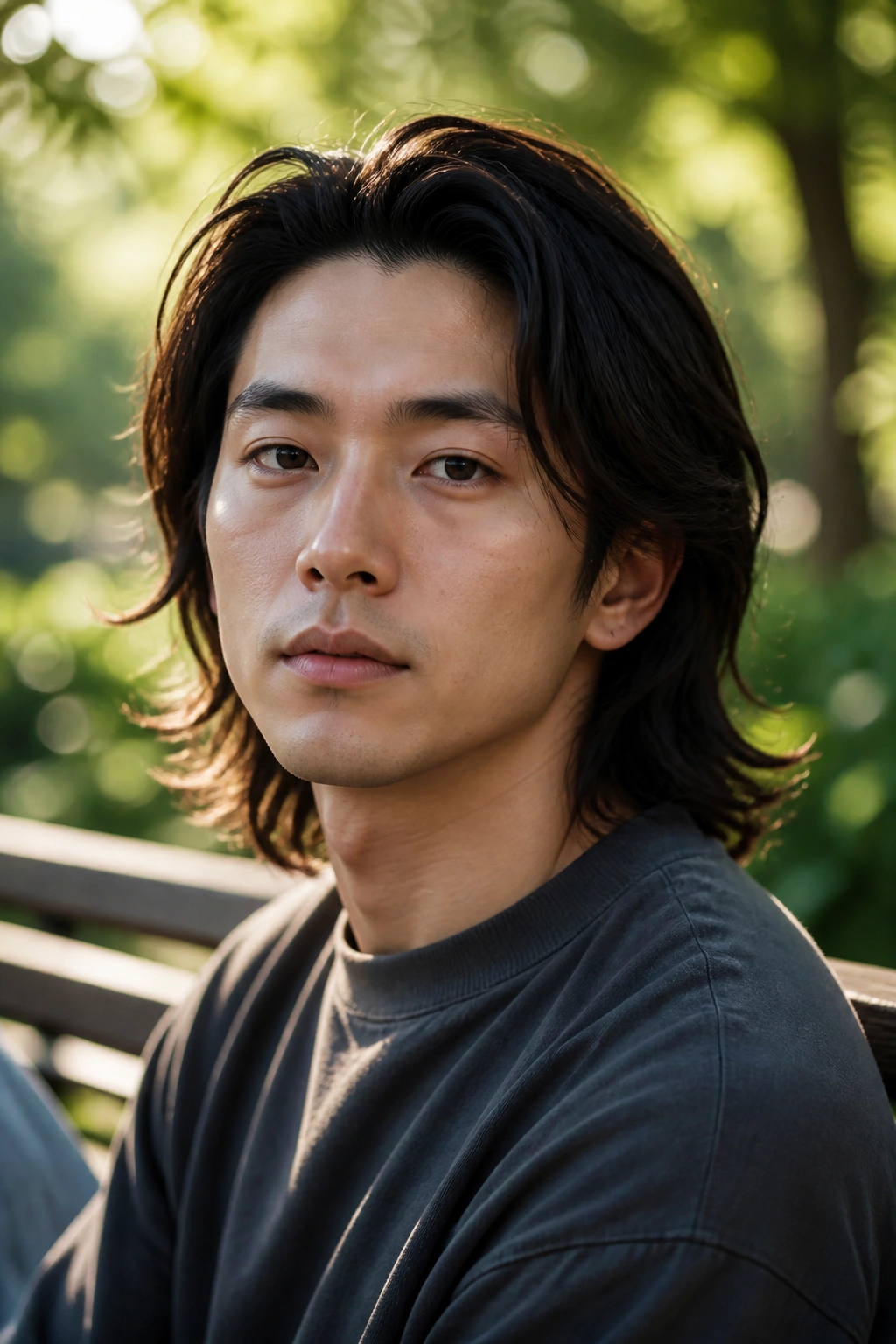 Close-up of a real Asian man with shoulder-length bro flow hair