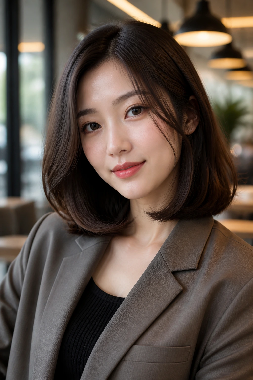 Close-up of a woman with shoulder-length hair curved inward at ends forming a neat silhouette.