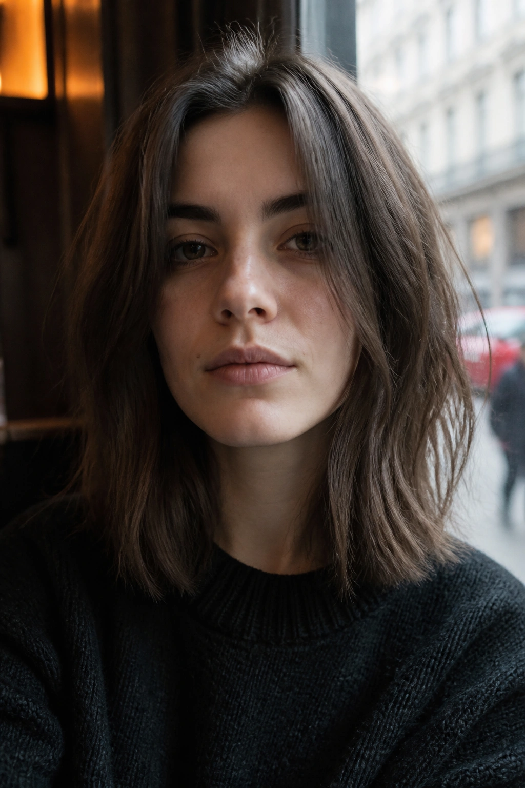 Close-up portrait of a real person with shoulder-length air-dried texture cut and middle part near a cafe window