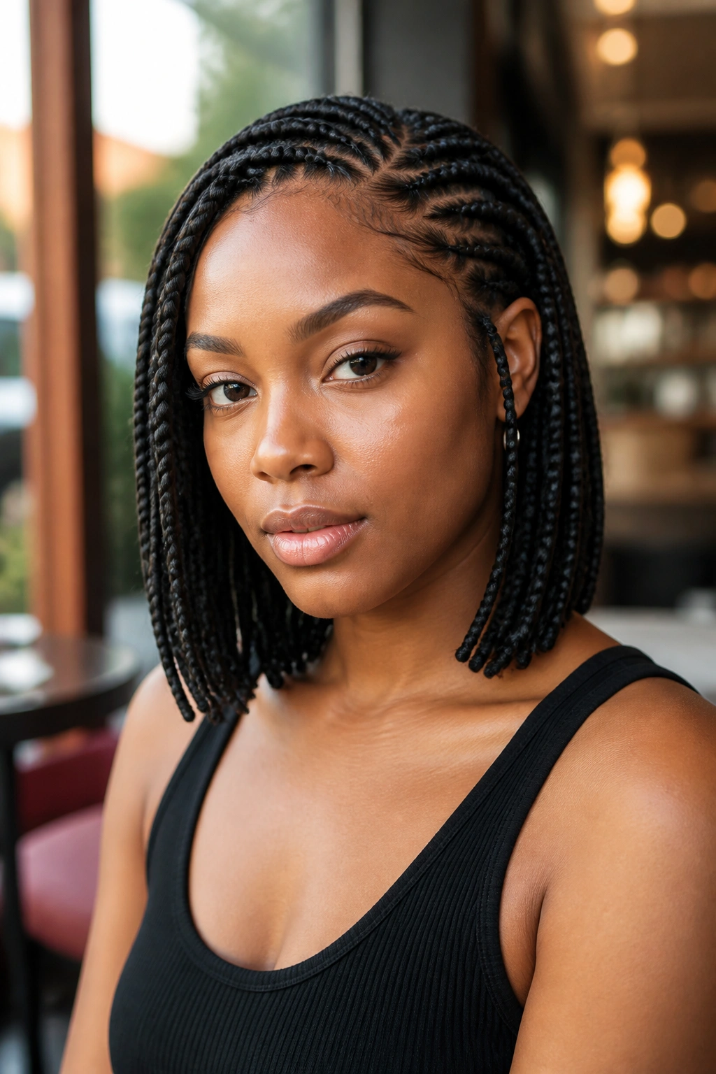 Close-up of a real woman with a shoulder-length braided bob.