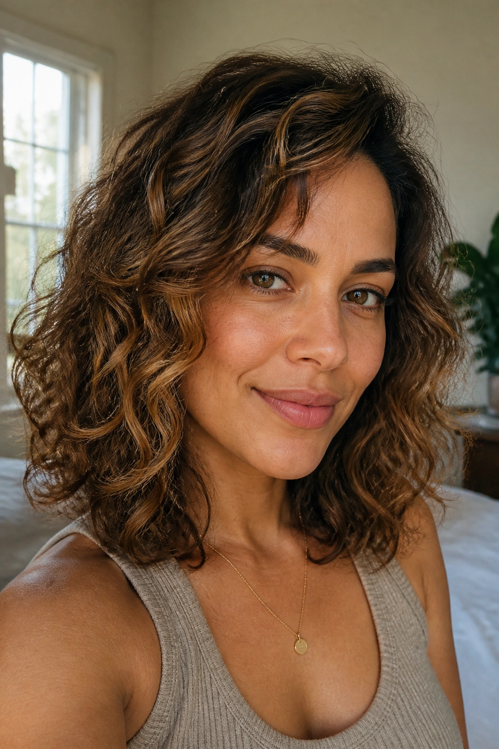 Close-up of a real woman with shoulder-length curls and airy ends in natural window light