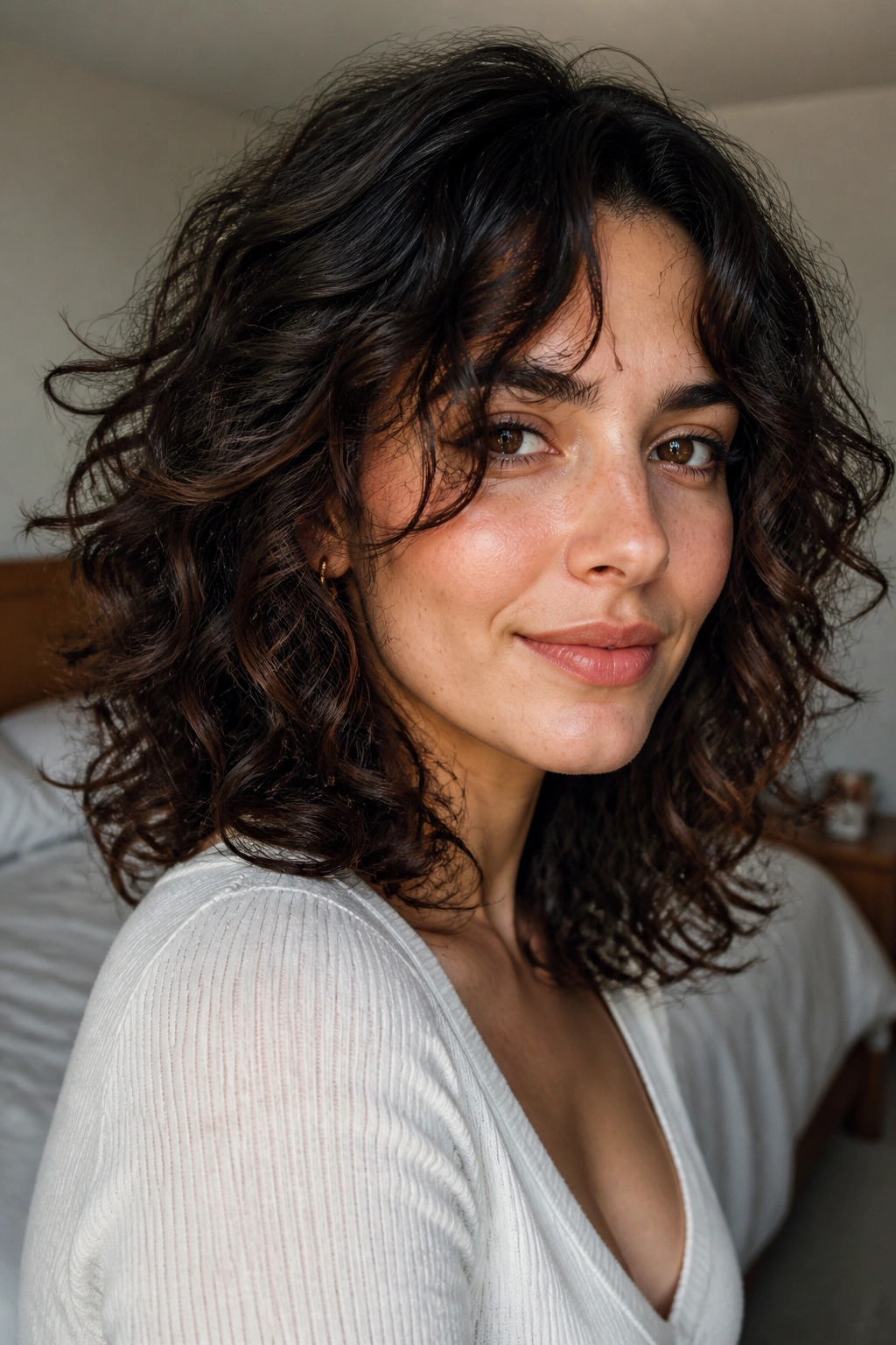 Close-up portrait of a real woman with shoulder-length curls and cheekbone curtain bangs in window light