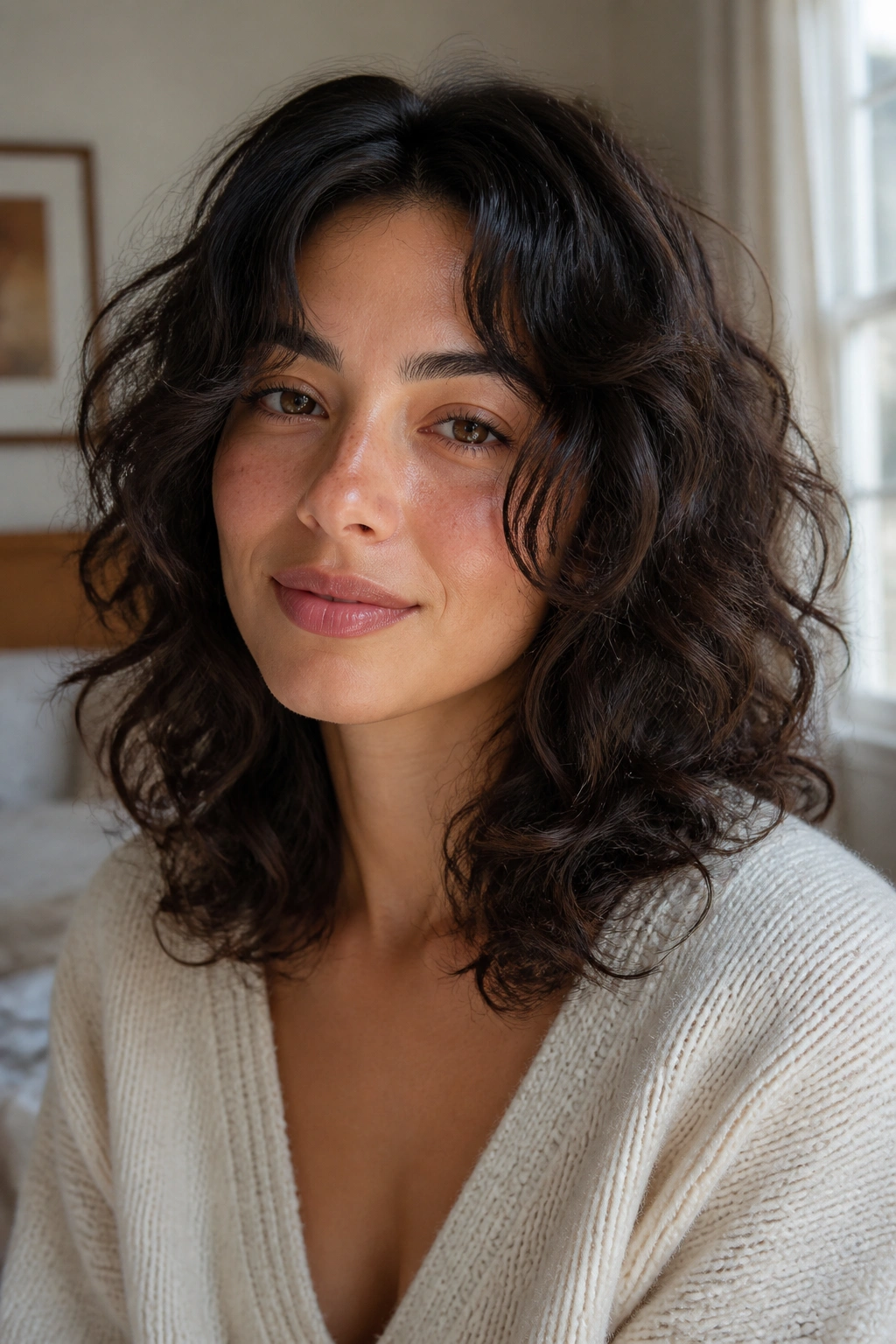 Close-up of a real woman with shoulder-length layered curls and diffused volume
