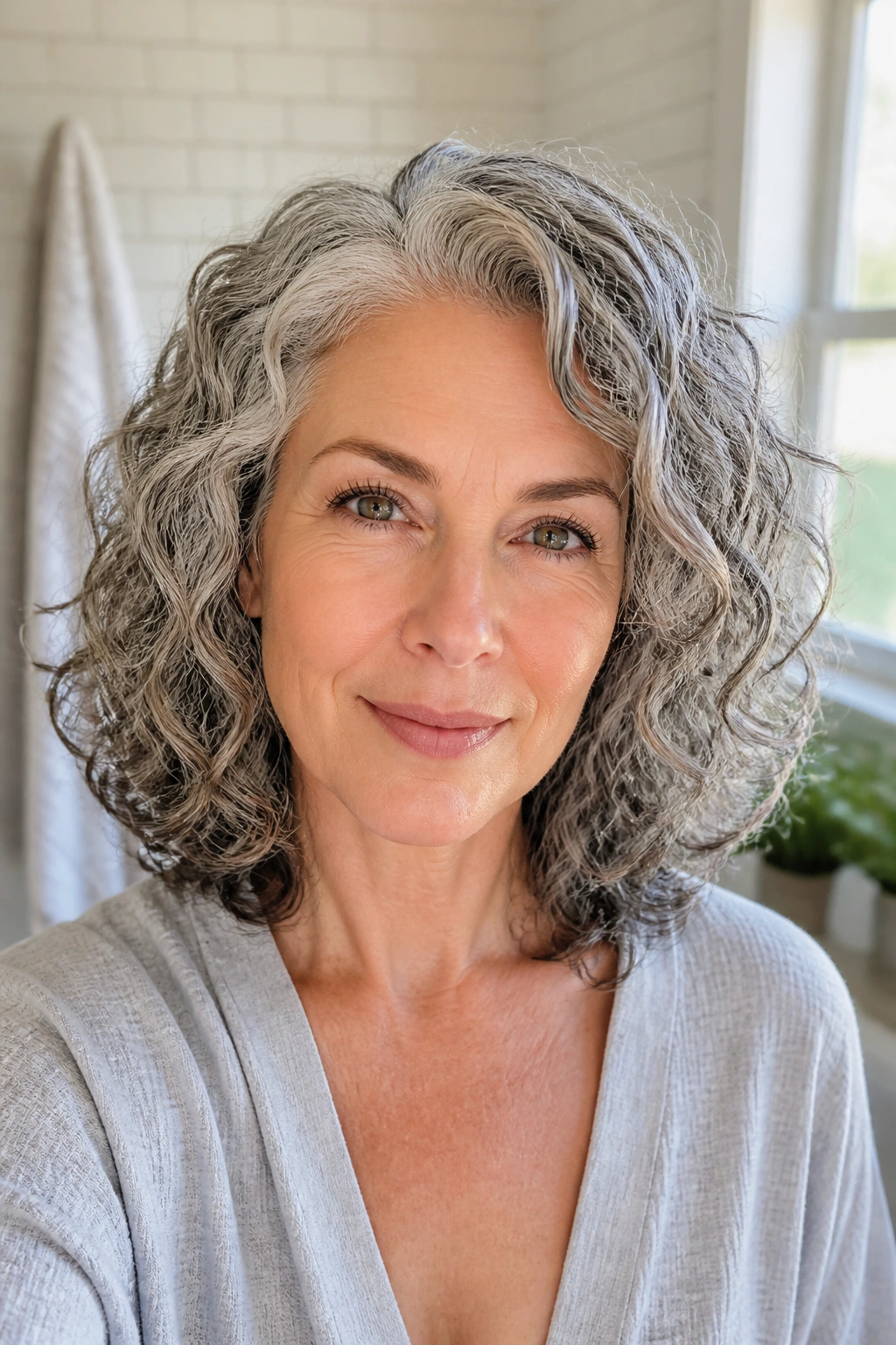 Close-up of a real woman with shoulder-length grey curls set with diffuser in a bathroom