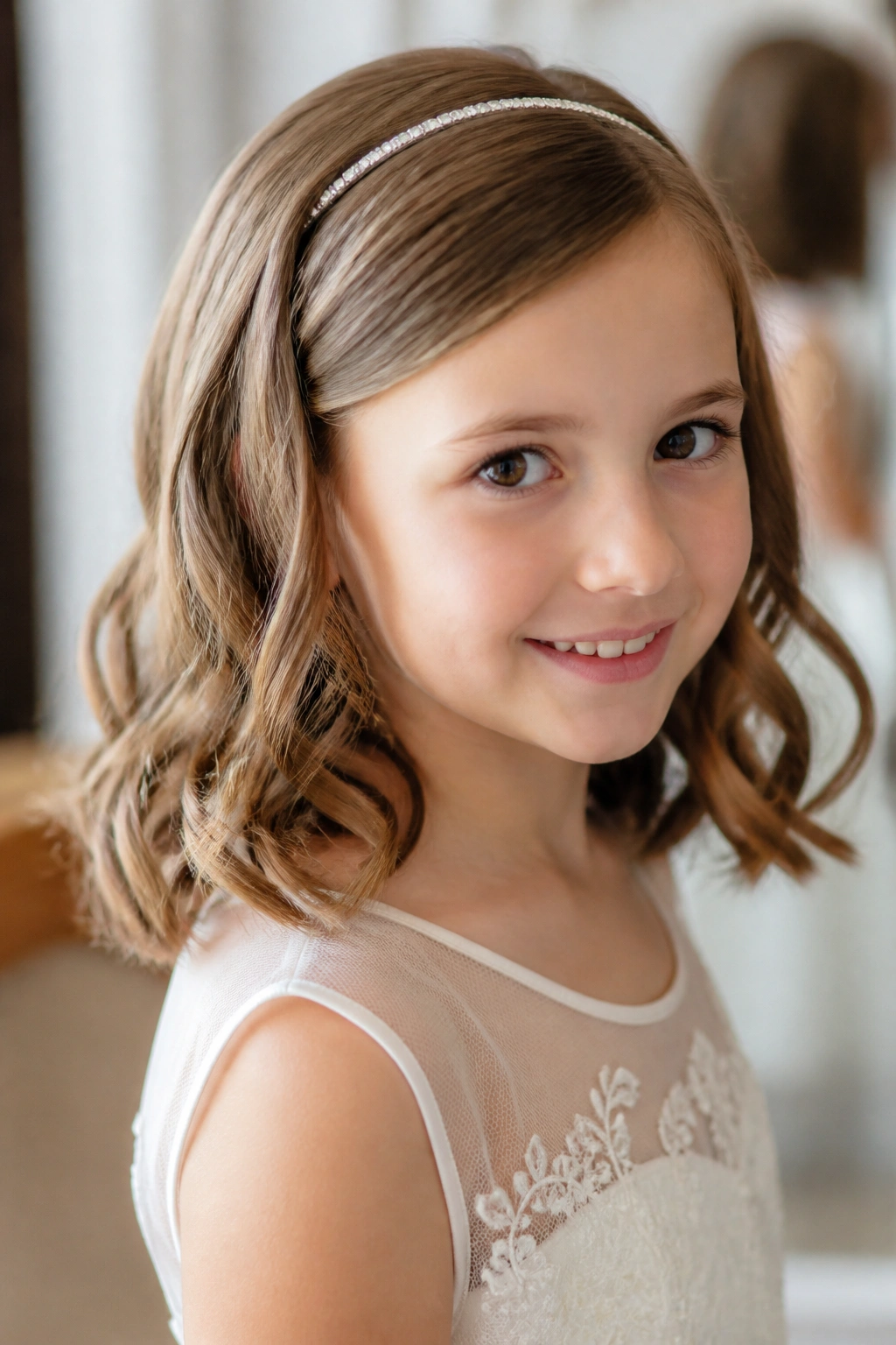 Portrait of a real girl with shoulder-length loose curls and a slim headband in a bridal prep space