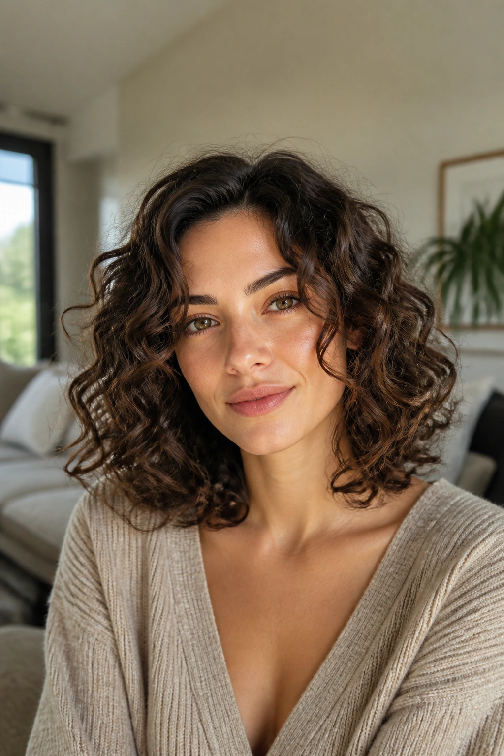 Portrait of a real person with shoulder-length, bouncy curls framing the face.