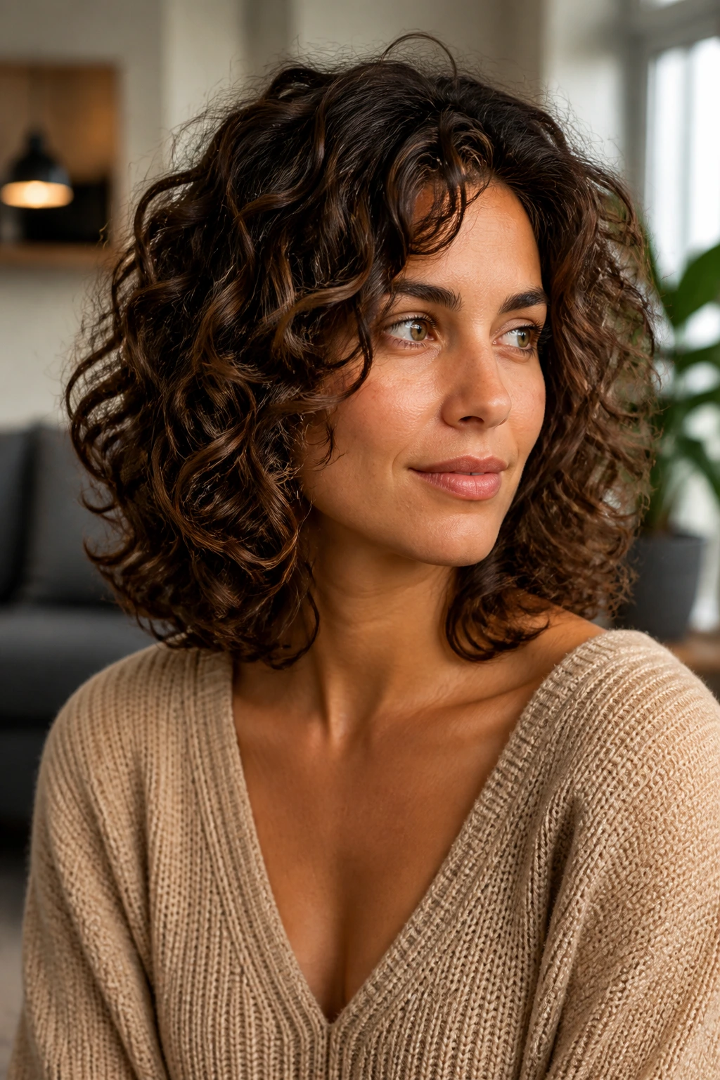 Close-up of a real woman with shoulder-length curly cut on an oval face, soft window light.