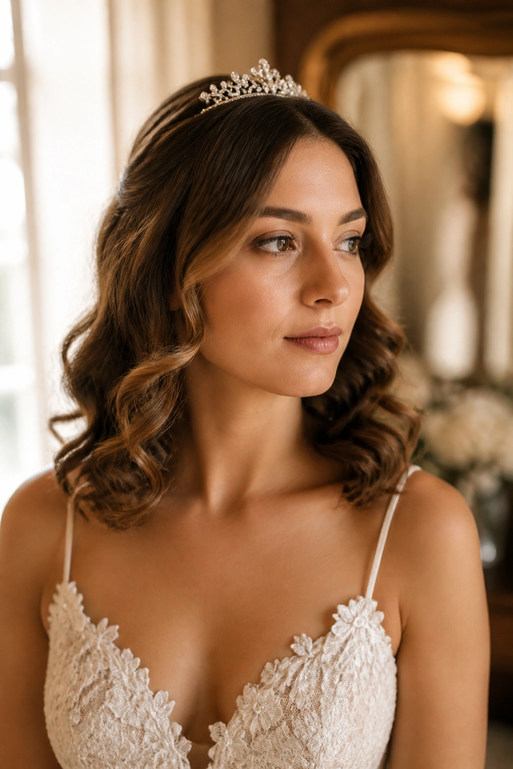 Close-up of a real bride with shoulder-length curls and a small tiara centered on the crown