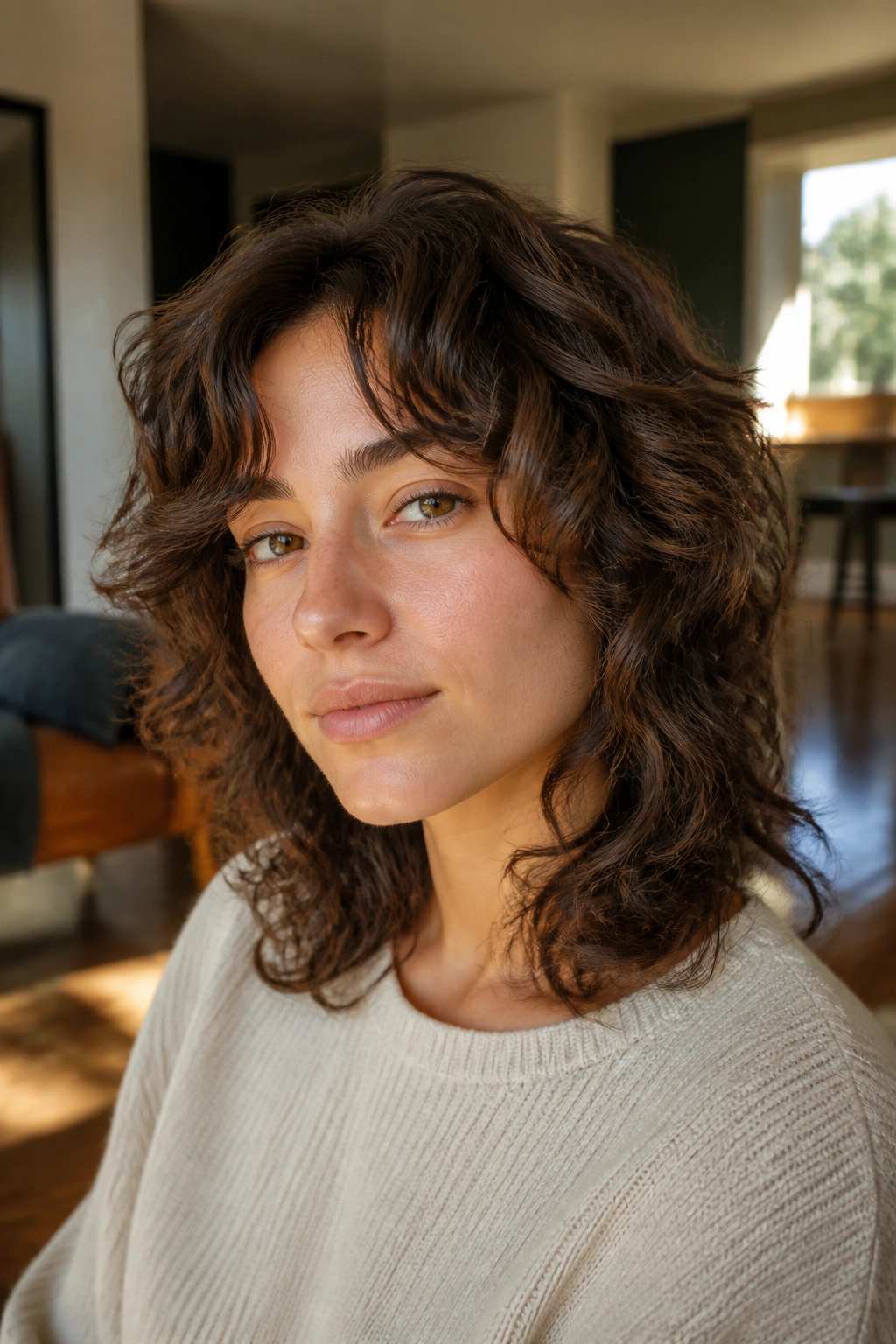Close-up of a real woman with shoulder-length curly hair featuring soft layers and crown lift in warm window light