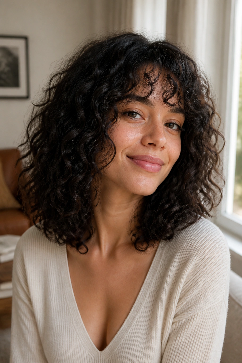 Portrait of a real person with shoulder-length curly hair and invisible layers, in soft window light.