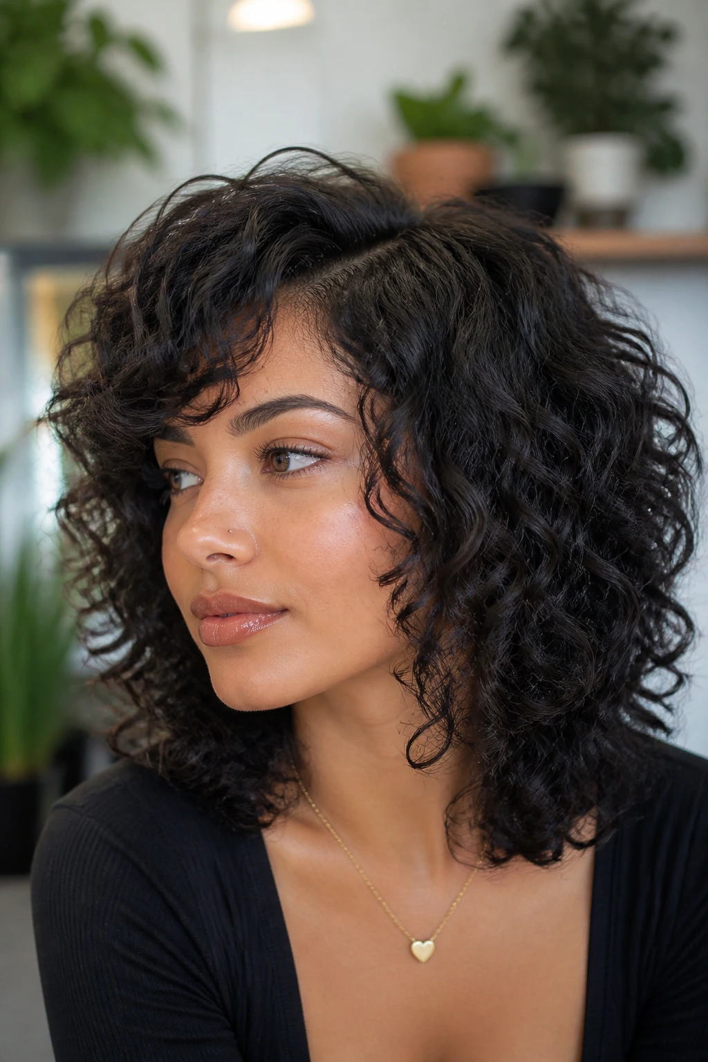 Real person with shoulder-length curly shag for dense coils in natural light
