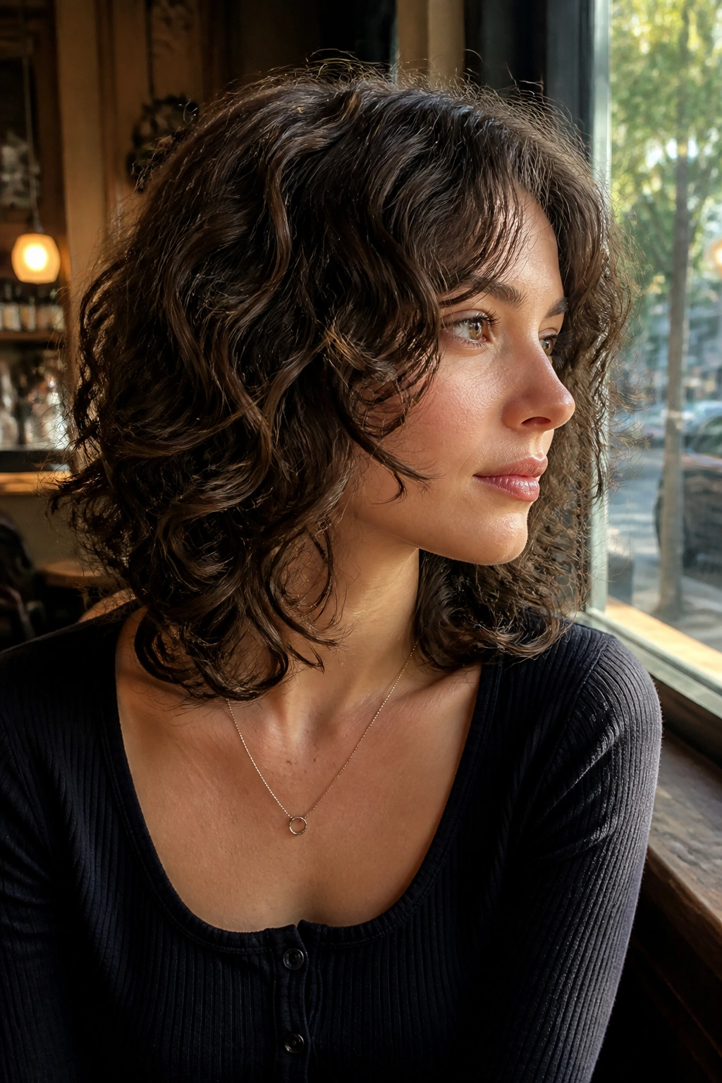 Close-up of a real woman with shoulder-length curly shag and soft face framing