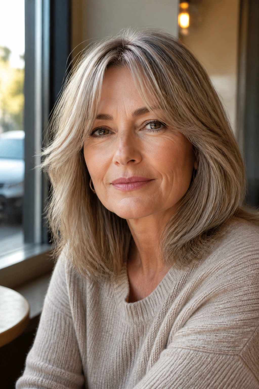 Close-up of woman with shoulder-length hair and curtain bangs in sunlit cafe