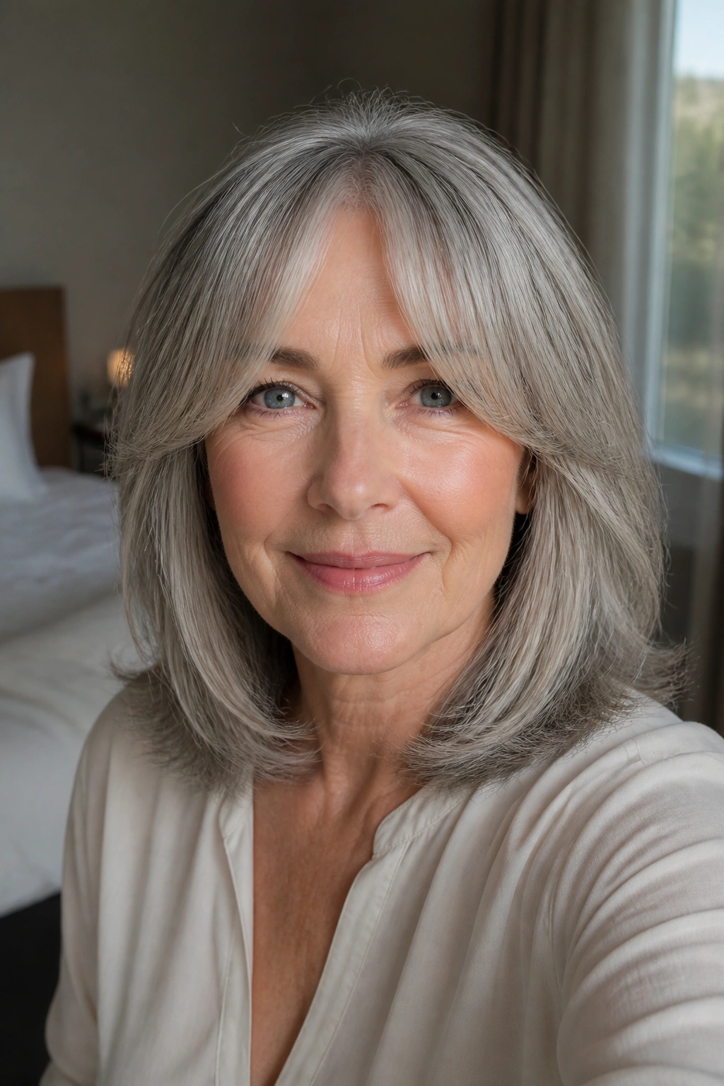 Close-up portrait of a real woman with shoulder-length curtain bangs and gray hair.