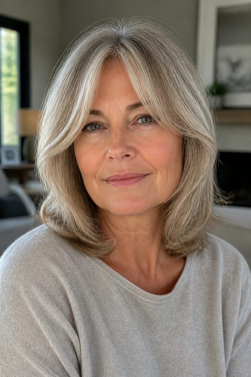 Close-up portrait of a real woman with shoulder-length hair and curtain bangs in soft living room light