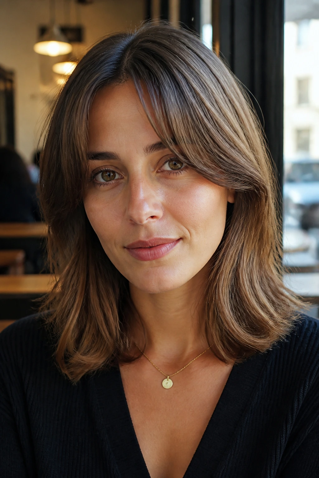 Portrait of a woman with shoulder-length hair and curtain bangs in natural light