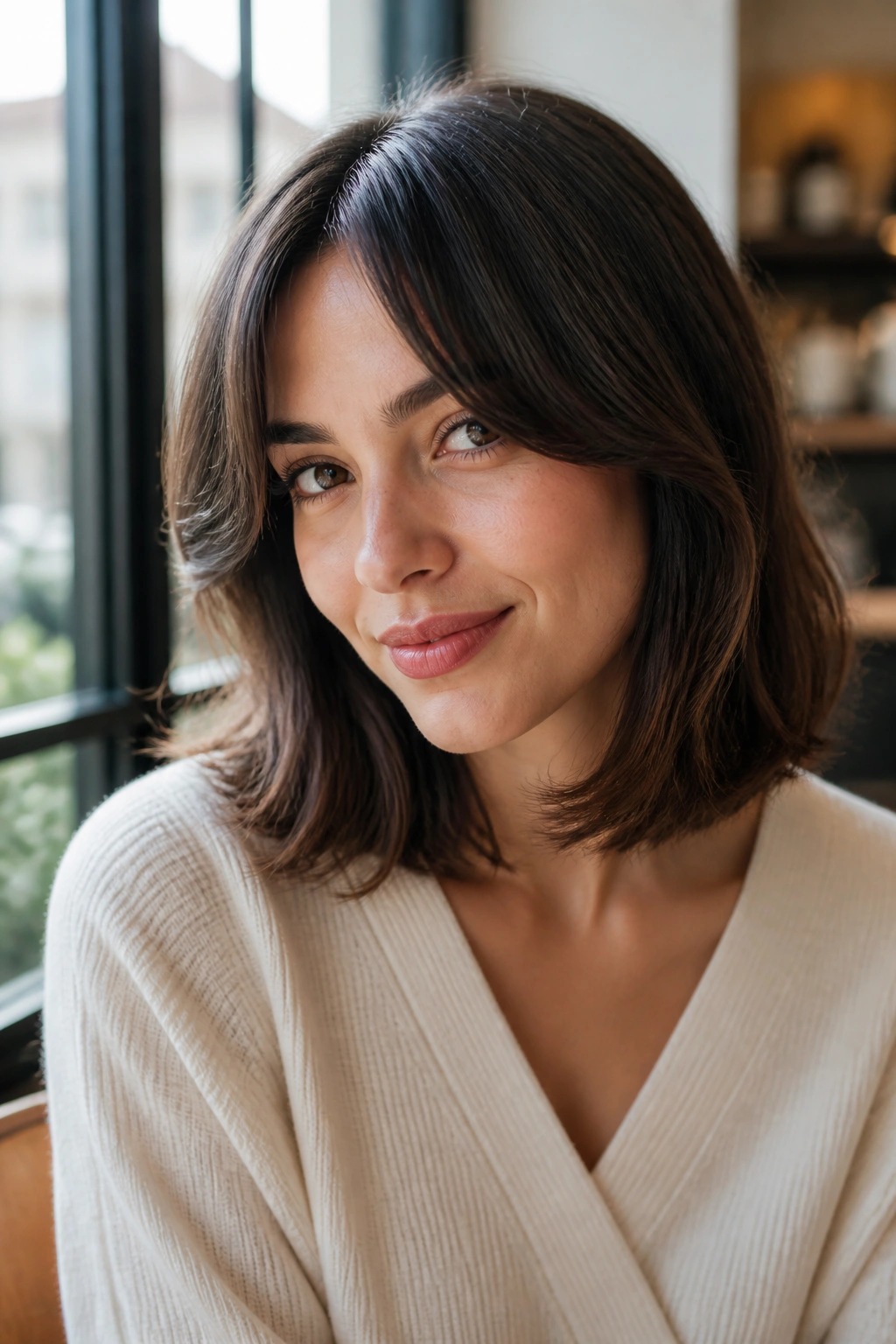 Portrait of a real woman with shoulder-length hair and curved bangs framing the face.