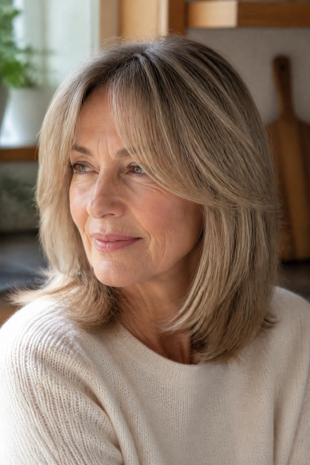 Portrait of a real woman with shoulder-length hair and curtain bangs