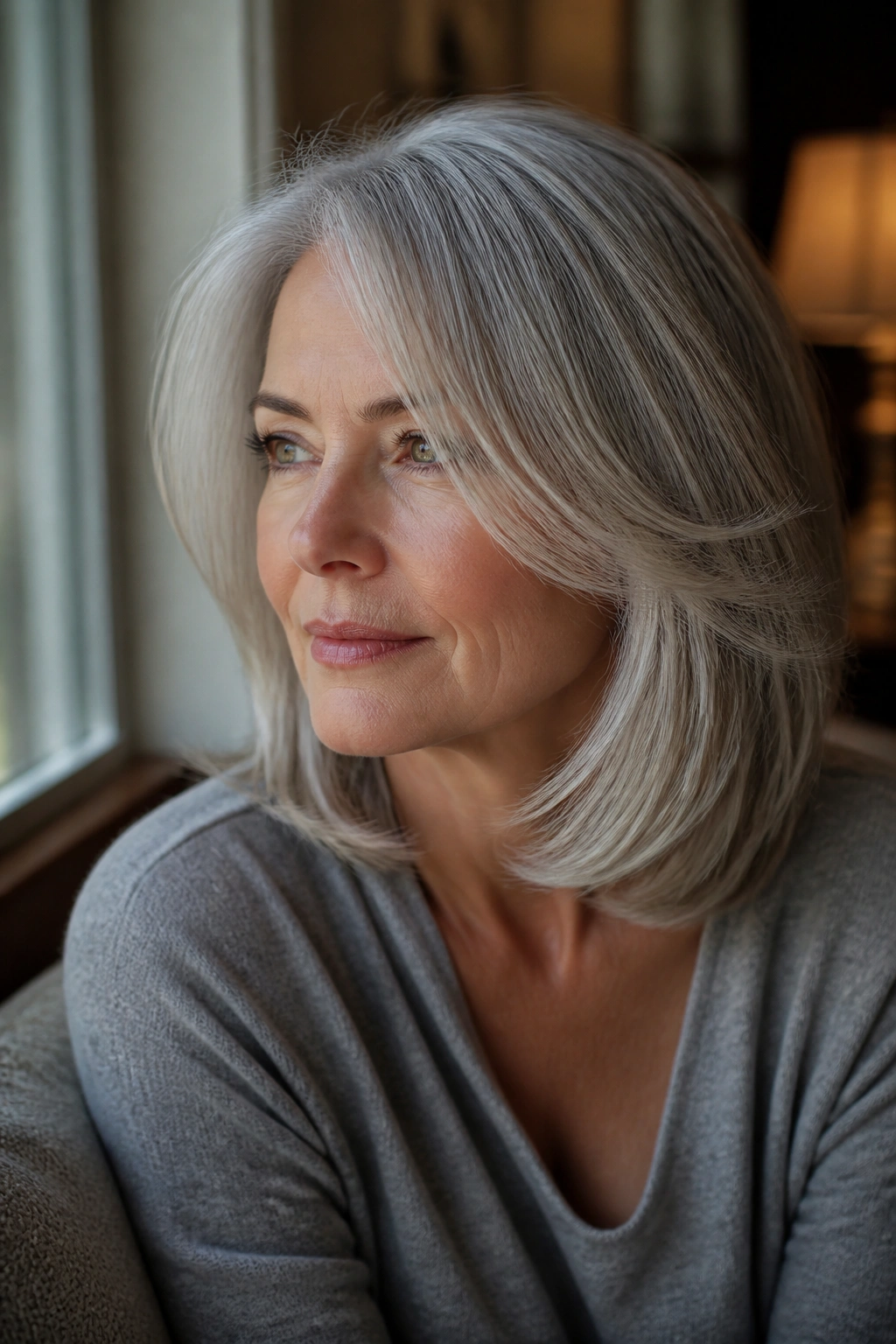 Close-up portrait of a real woman with shoulder-length cut and face-framing layers in gray hair